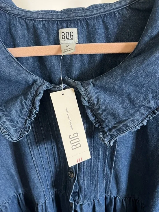 BDG Denim Blue Tiered Button-Front Dress with Ruffled Collar - Picture 3 of 5